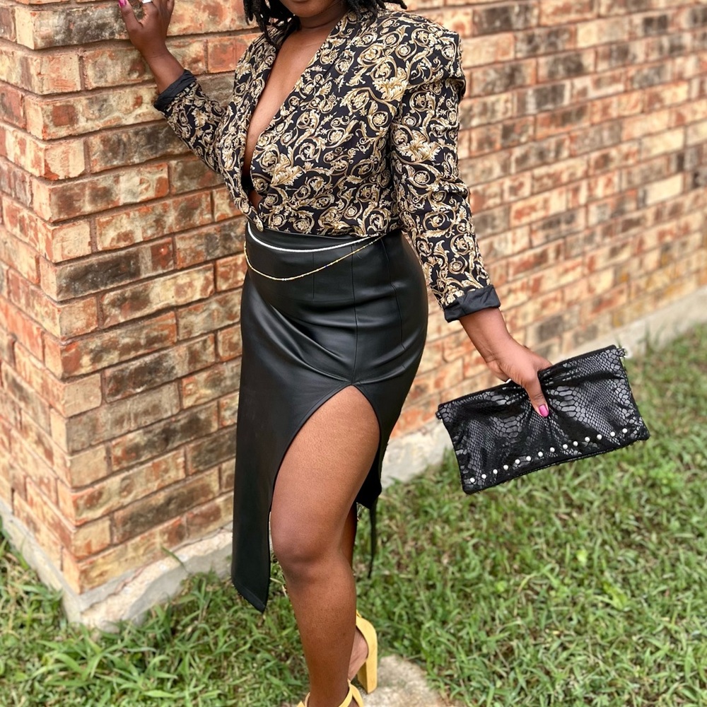 Josephine Chaus Vintage Print Black and Gold Blazer